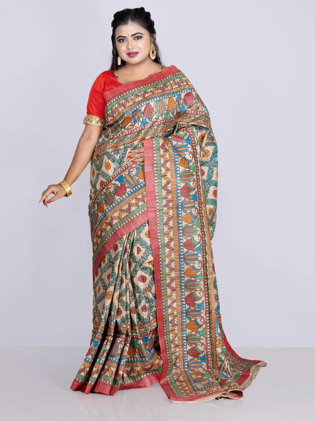 Elegant Hand Painted Madhubani Ghicha Silk Saree - WeaversIndia