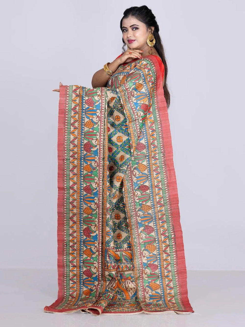 Elegant Hand Painted Madhubani Ghicha Silk Saree - WeaversIndia