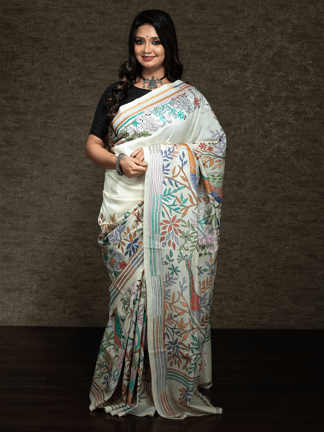 Elegant Allover Kantha Stitch Tussar Silk Saree WeaversIndia