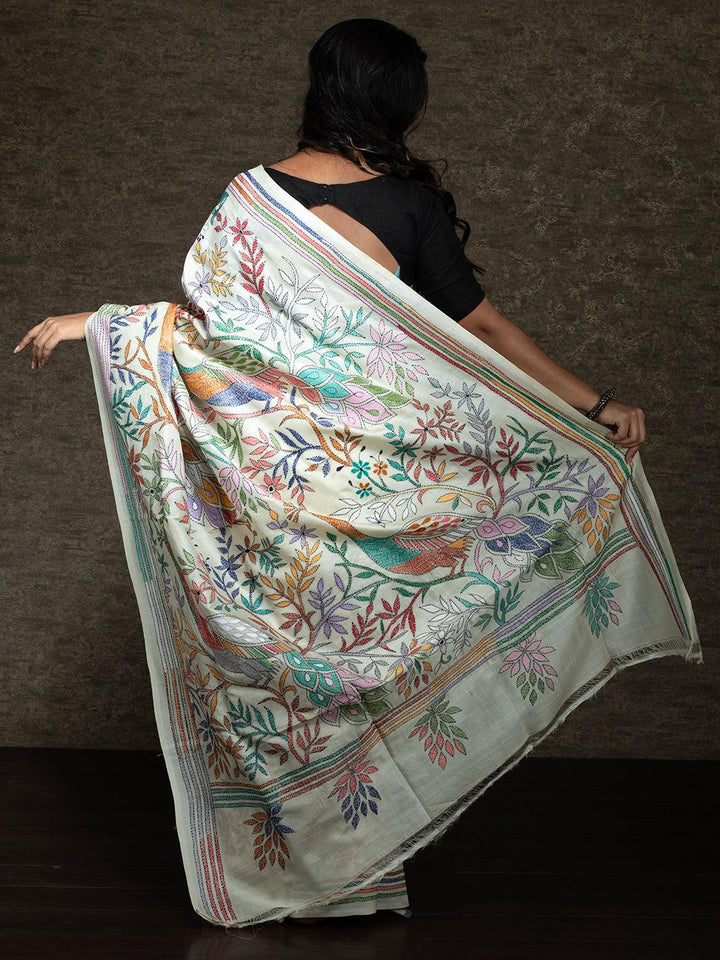 Elegant Allover Kantha Stitch Tussar Silk Saree - WeaversIndia