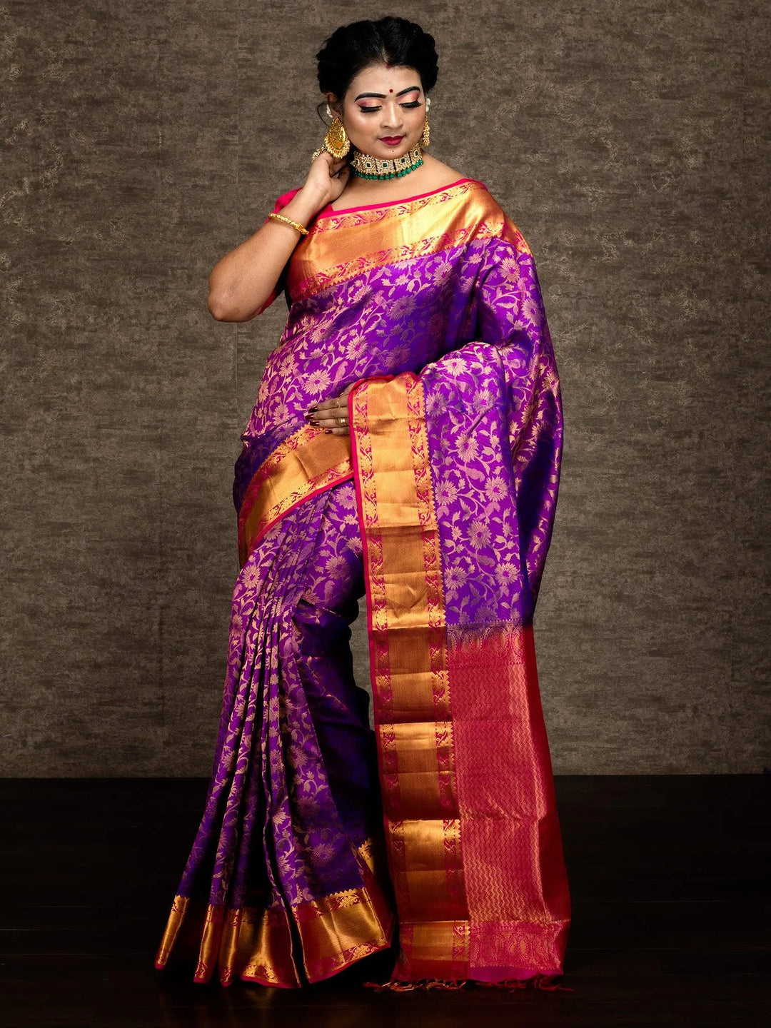 Red Violet Bridal Kanchipuram Silk Saree - WeaversIndia