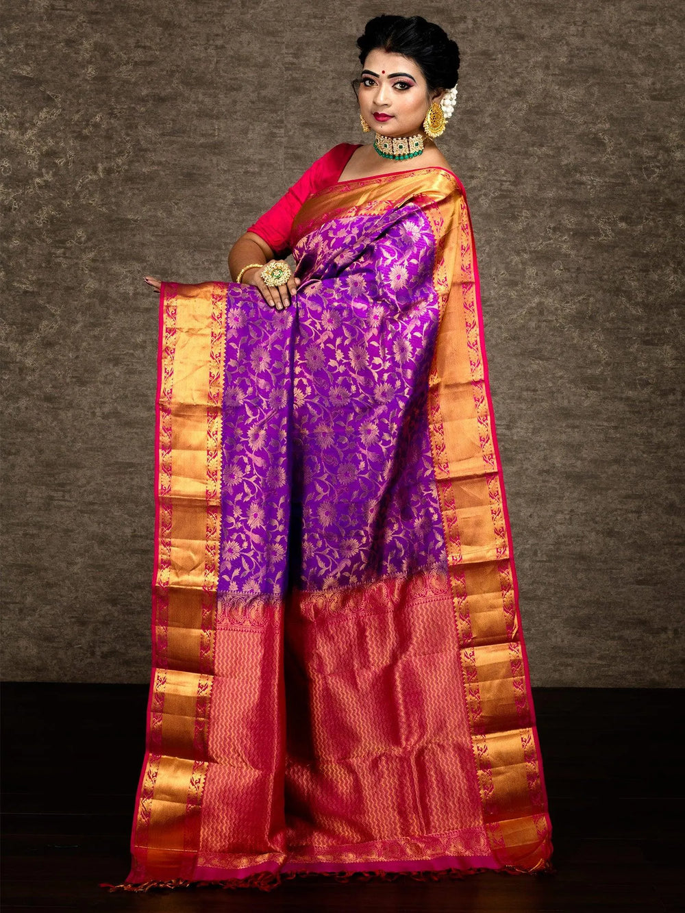 Red Violet Bridal Kanchipuram Silk Saree - WeaversIndia