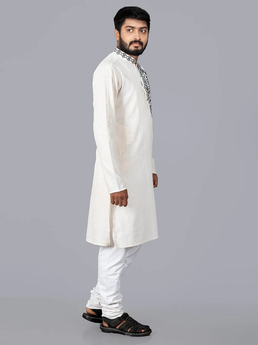 Beige Handwoven Organic Cotton Embroidered Men Kurta - WeaversIndia