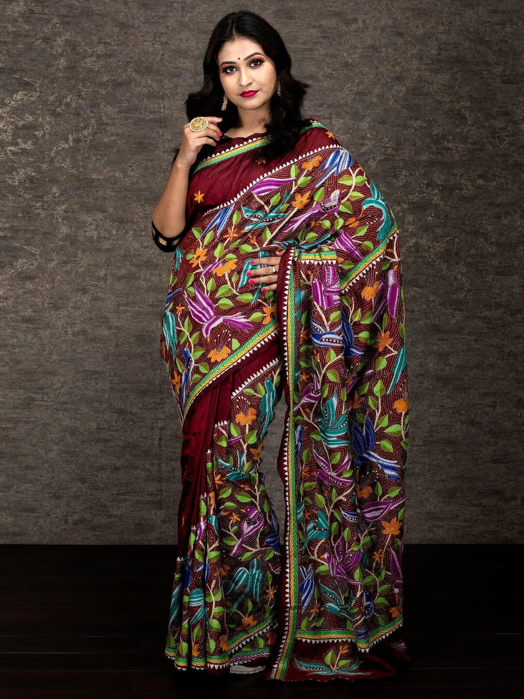 Bird Motif Nakshi Kantha Stitch Bangalore Silk Saree - WeaversIndia