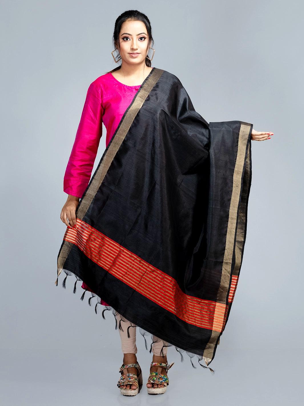 Black Bishnupuri Silk Dupatta - WeaversIndia
