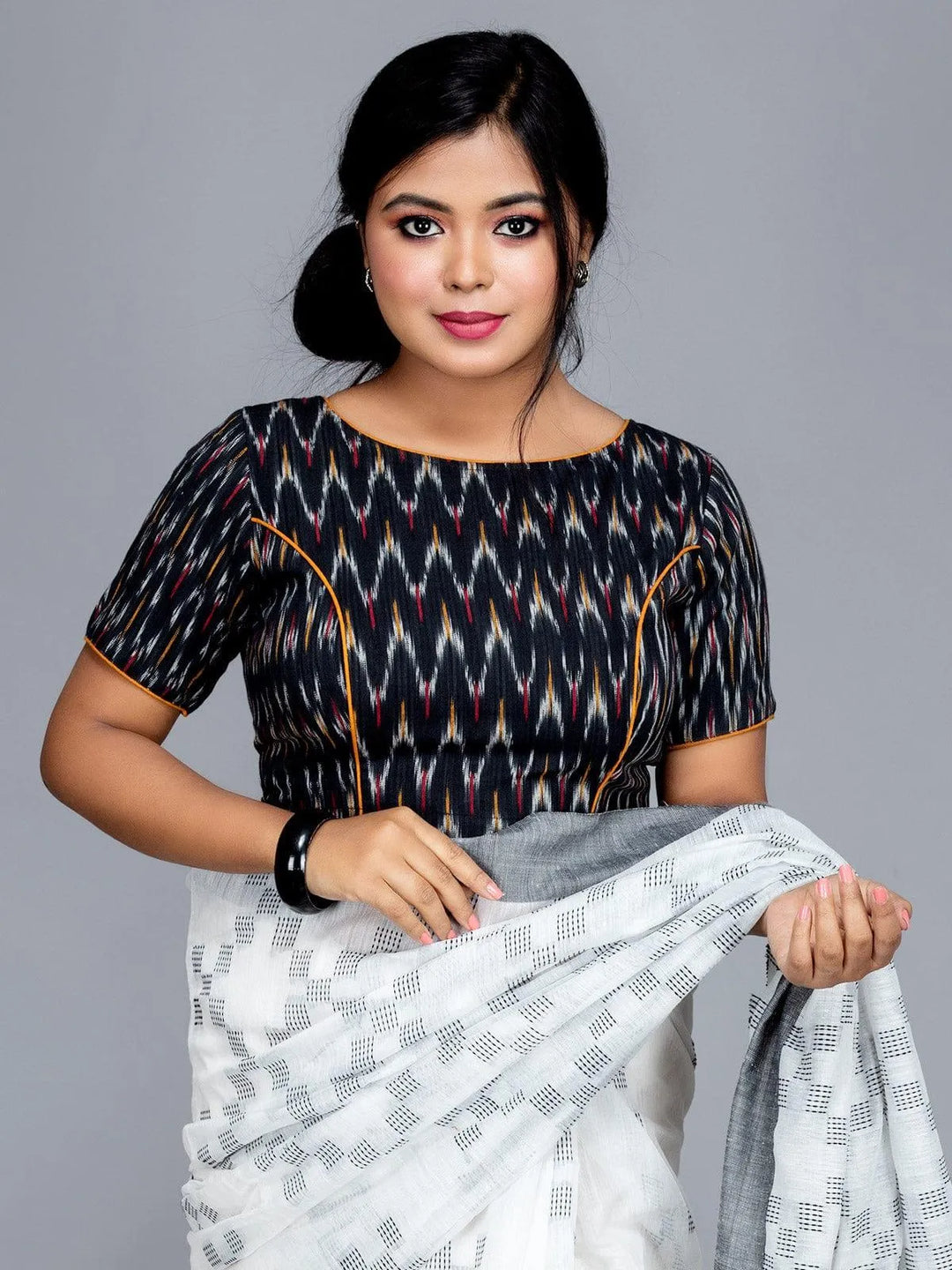 Black Cotton Ikkat Boat Neck Blouse - WeaversIndia