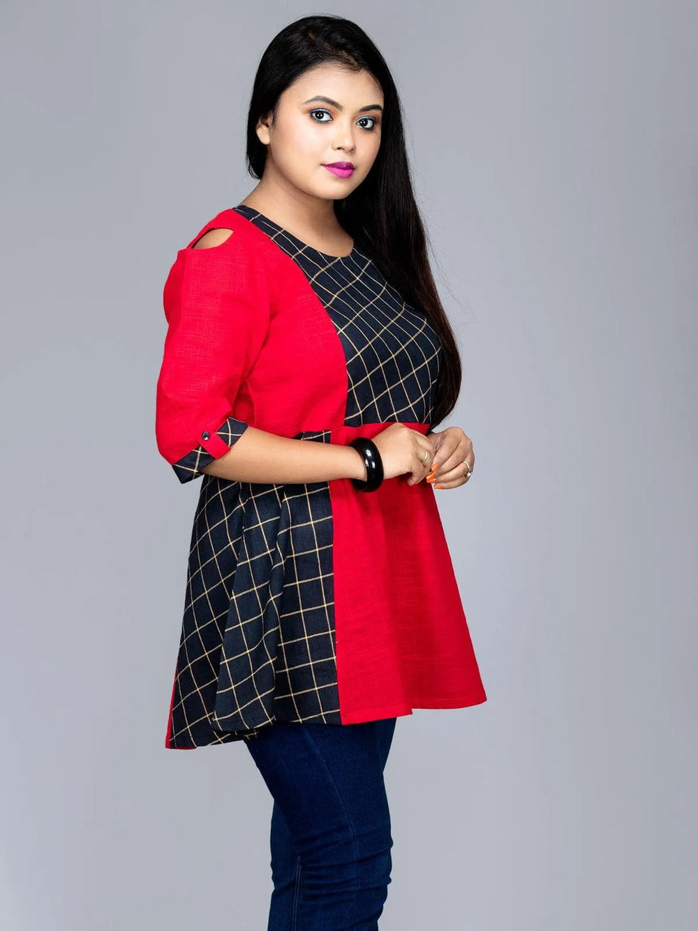 Black Red Combination Cotton Top - WeaversIndia