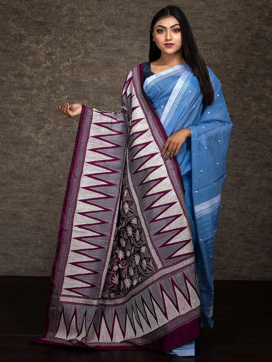 Byzantium Bangalore Silk Kantha Stitch Dupatta - WeaversIndia