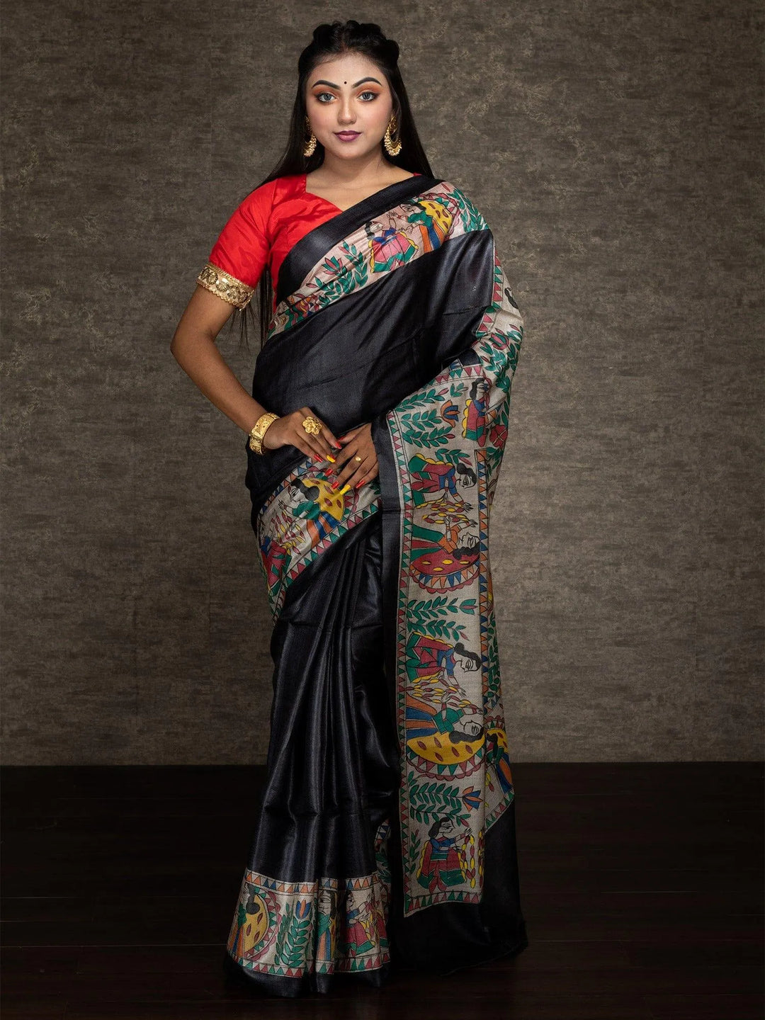 Elegant Black Hand Painted Madhubani Tussar Silk Saree - WeaversIndia