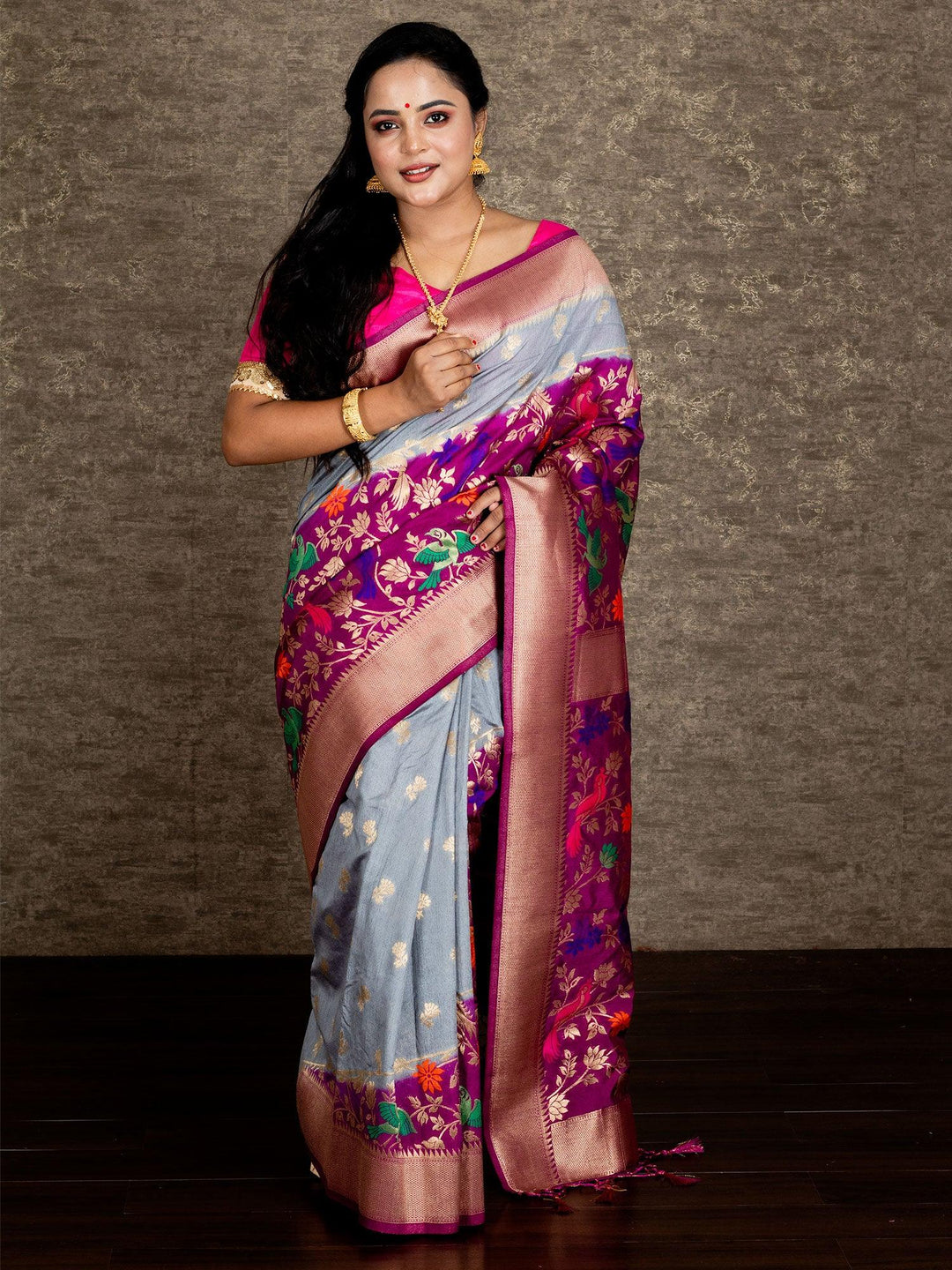 Elegant Grey Allover Blend Silk Banarasi Saree - WeaversIndia
