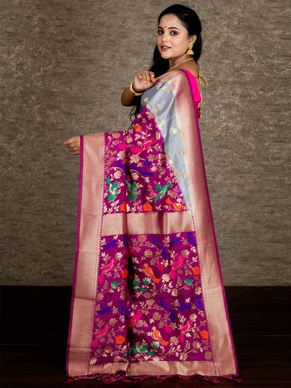 Elegant Grey Allover Blend Silk Banarasi Saree - WeaversIndia