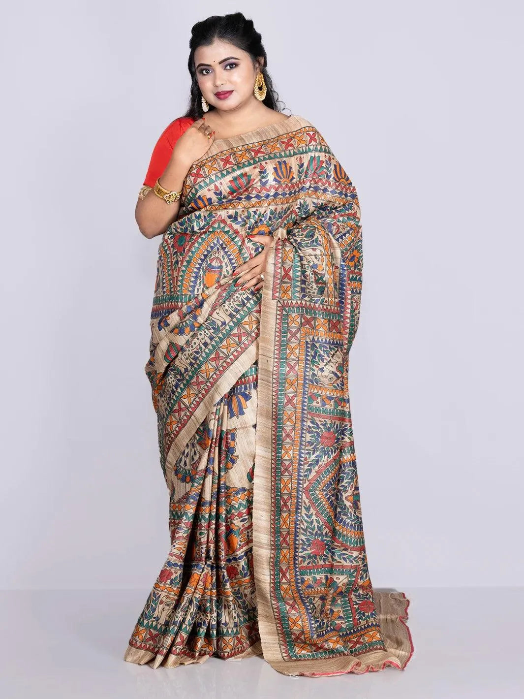 Elegant Hand Painted Madhubani Ghicha Silk Saree - WeaversIndia