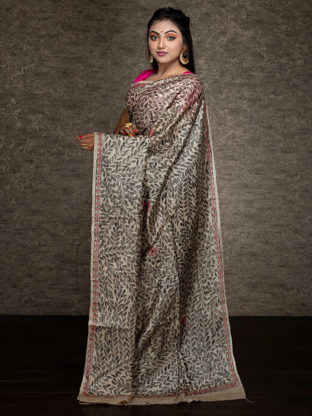 Elegant Hand Painted Madhubani Tussar Silk Saree - WeaversIndia