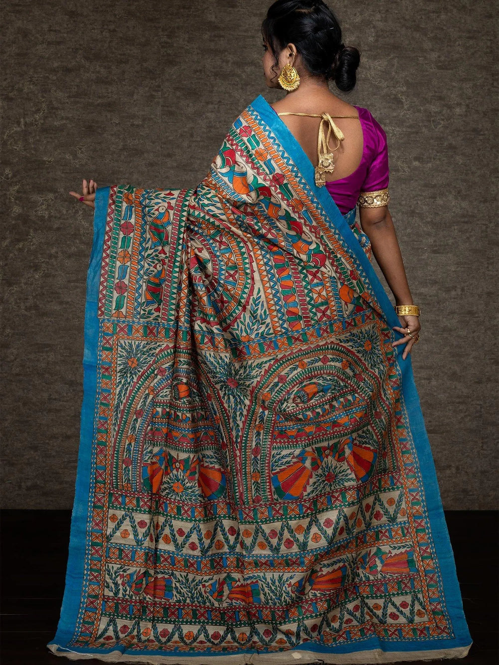 Elegant Hand Painted Madhubani Tussar Silk Saree - WeaversIndia