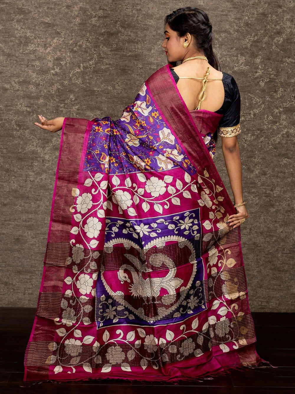 Elegant Purpel Allover Block Printed Tussar Silk Saree - WeaversIndia