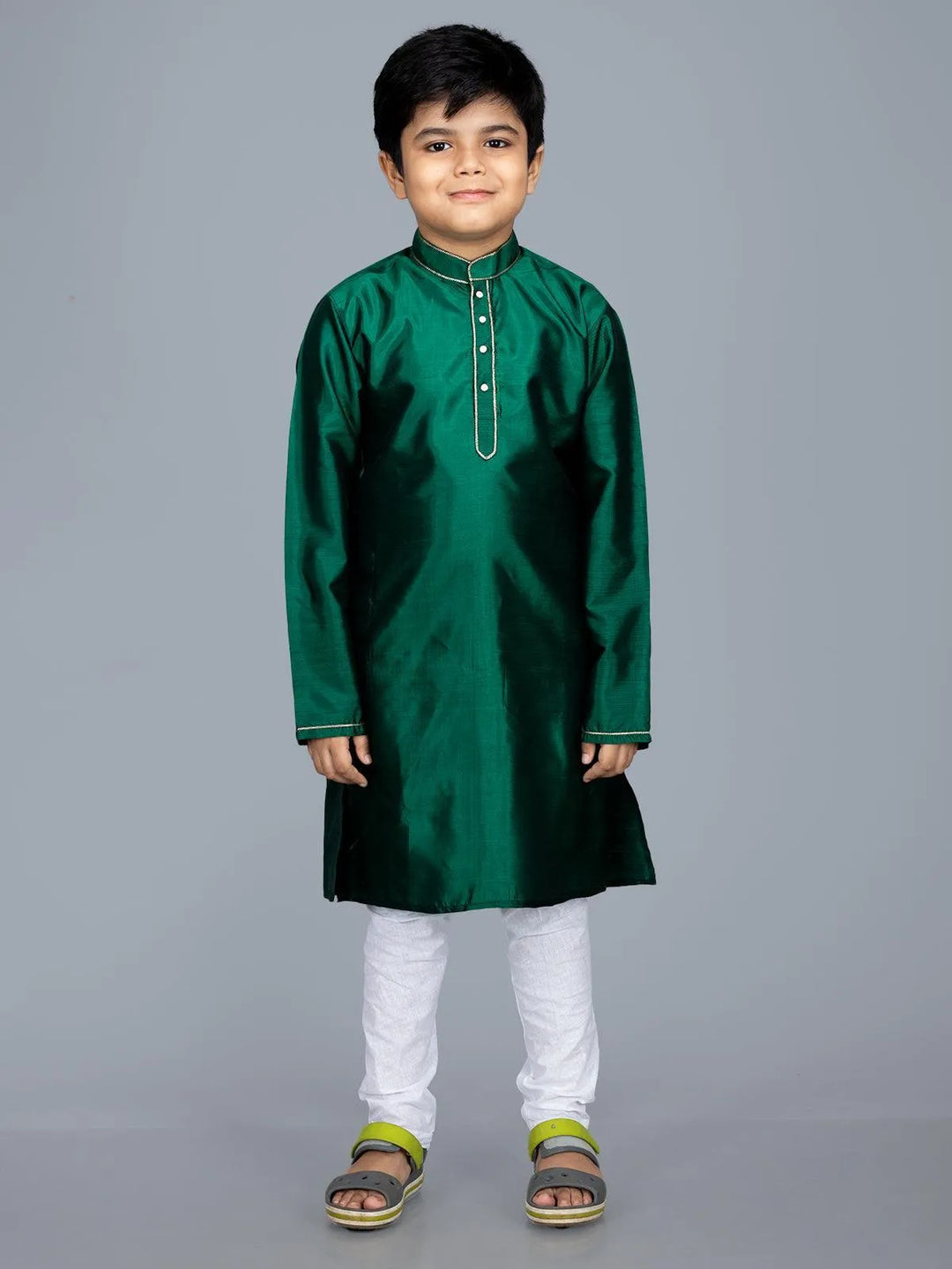 Bishnupuri Katan Silk Forest Green Boys Long Kurta - WeaversIndia