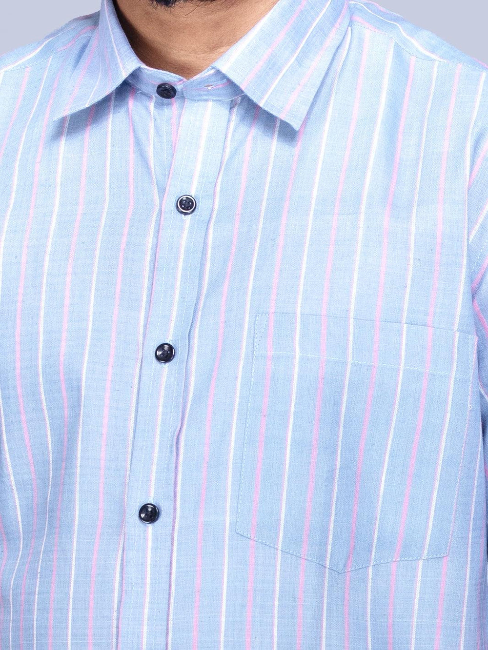 Glaucous Color Handwoven Organic Cotton Striped Casual Men Shirt - WeaversIndia