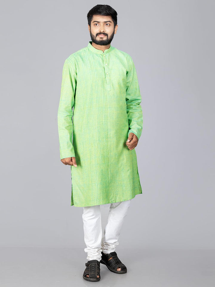 Green Yellow Handwoven Organic Cotton Pintuck Men kurta - WeaversIndia