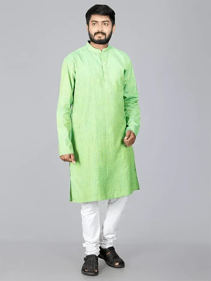 Green Yellow Handwoven Organic Cotton Pintuck Men kurta - WeaversIndia