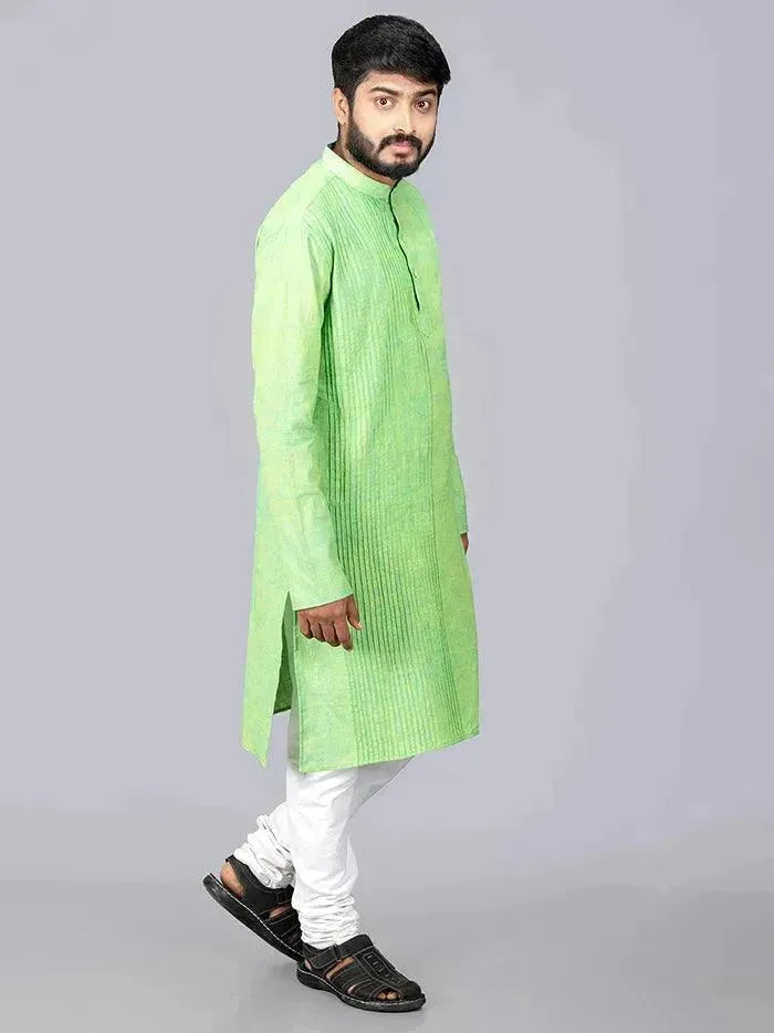 Green Yellow Handwoven Organic Cotton Pintuck Men kurta - WeaversIndia