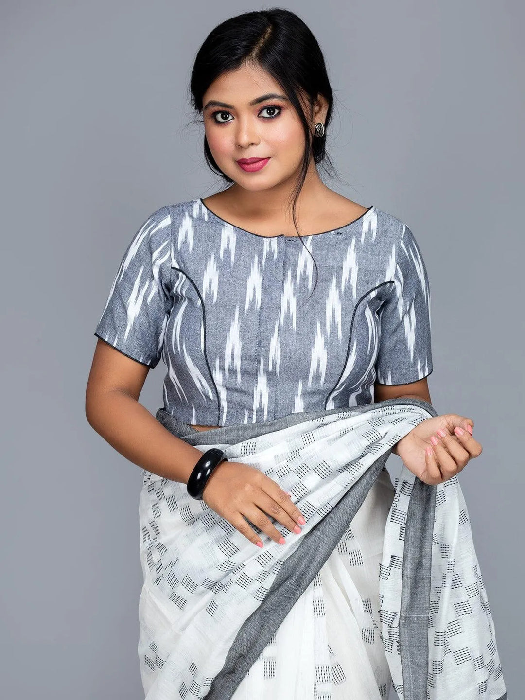 Grey Cotton Ikkat Boat Neck Blouse - WeaversIndia
