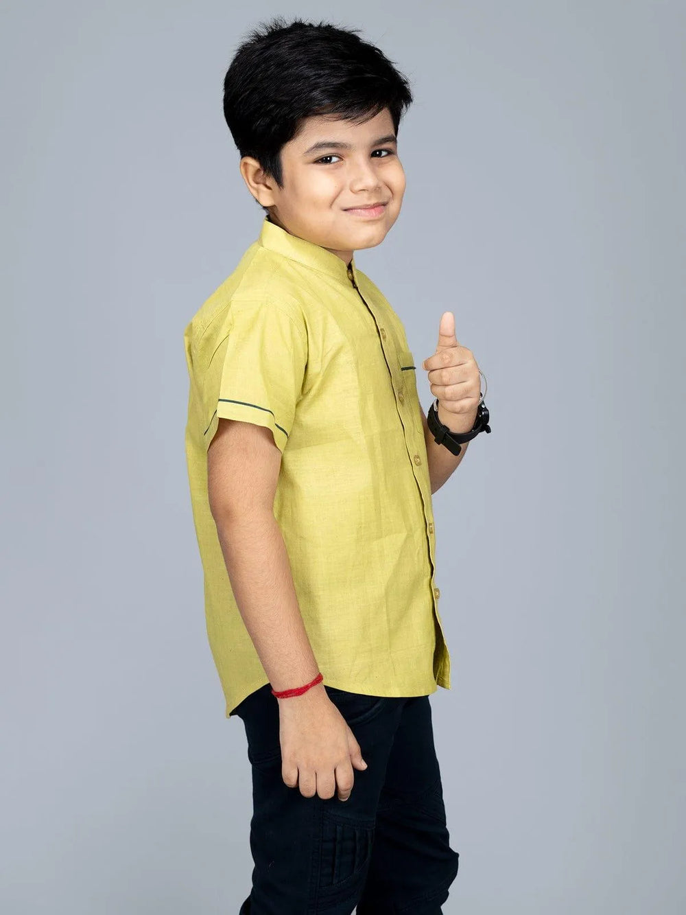 Handwoven Cotton Olive Boys Shirt - WeaversIndia