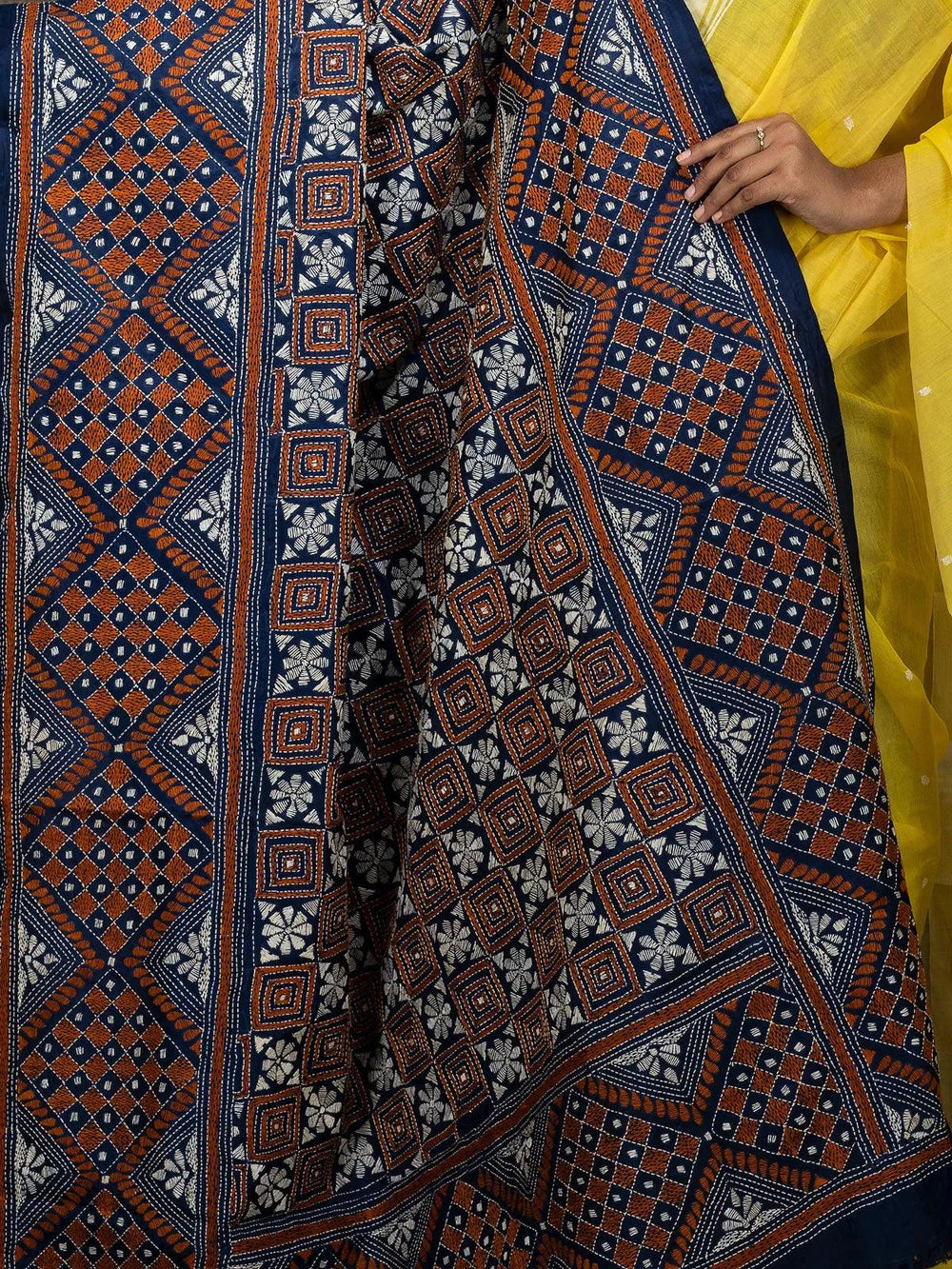 Indigo Bangalore Silk Kantha Stitch Dupatta - WeaversIndia