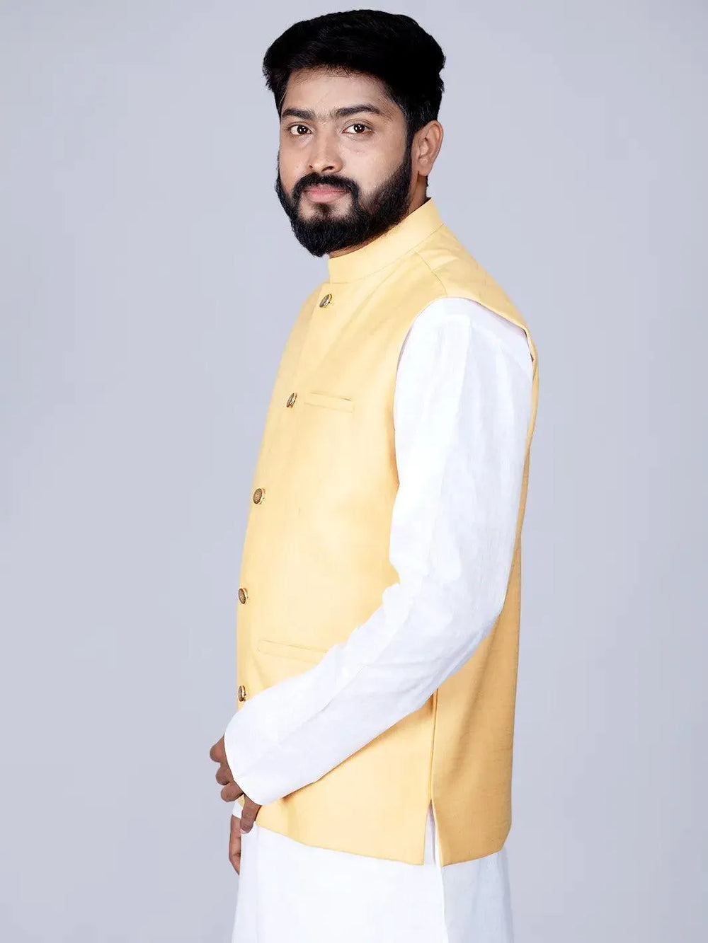 Lemon Chiffon Handwoven Cotton Modi Jacket - WeaversIndia