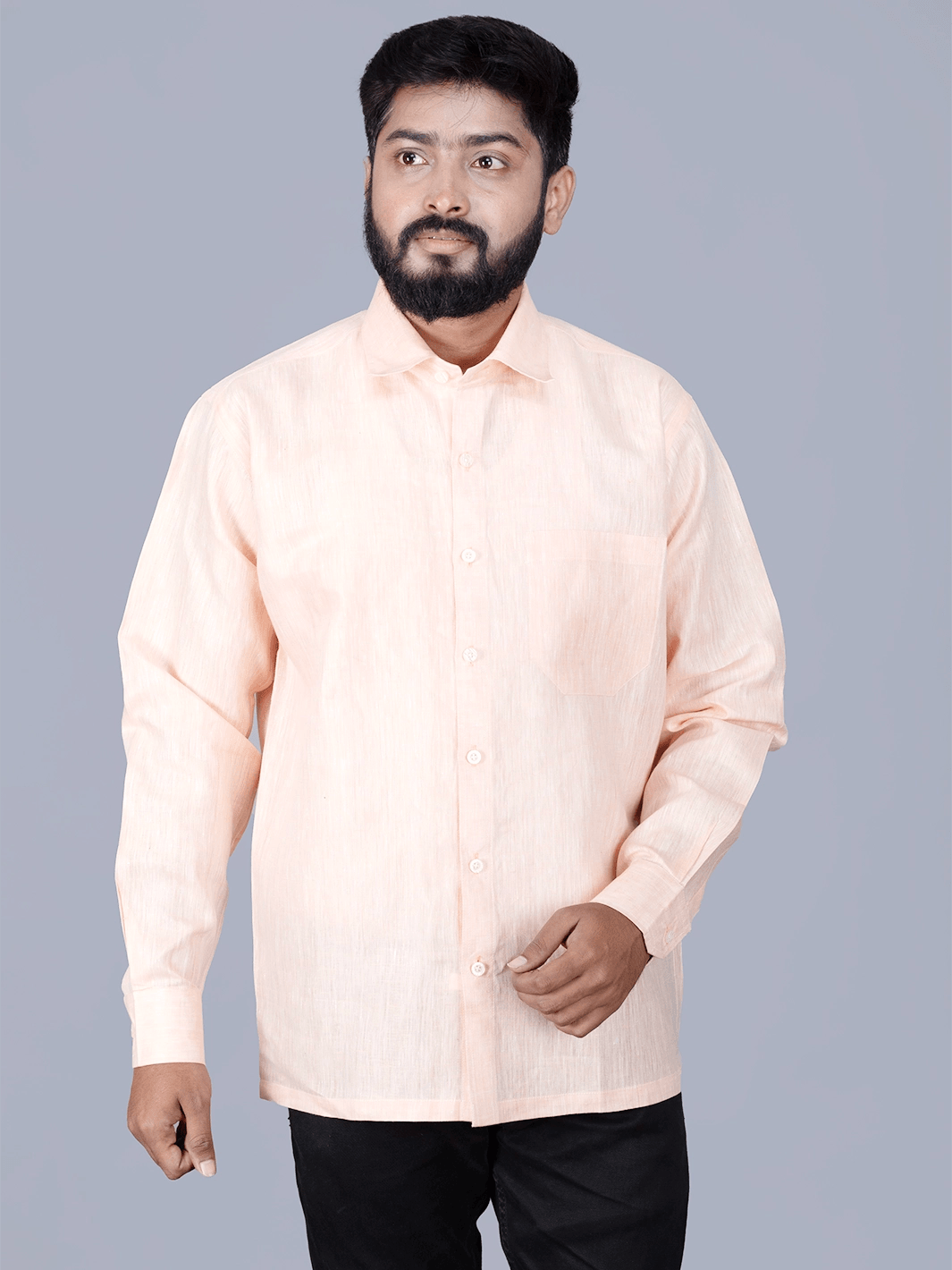 Light Orange Solid Handwoven Linen Men Full Sleeves Shirt - WeaversIndia