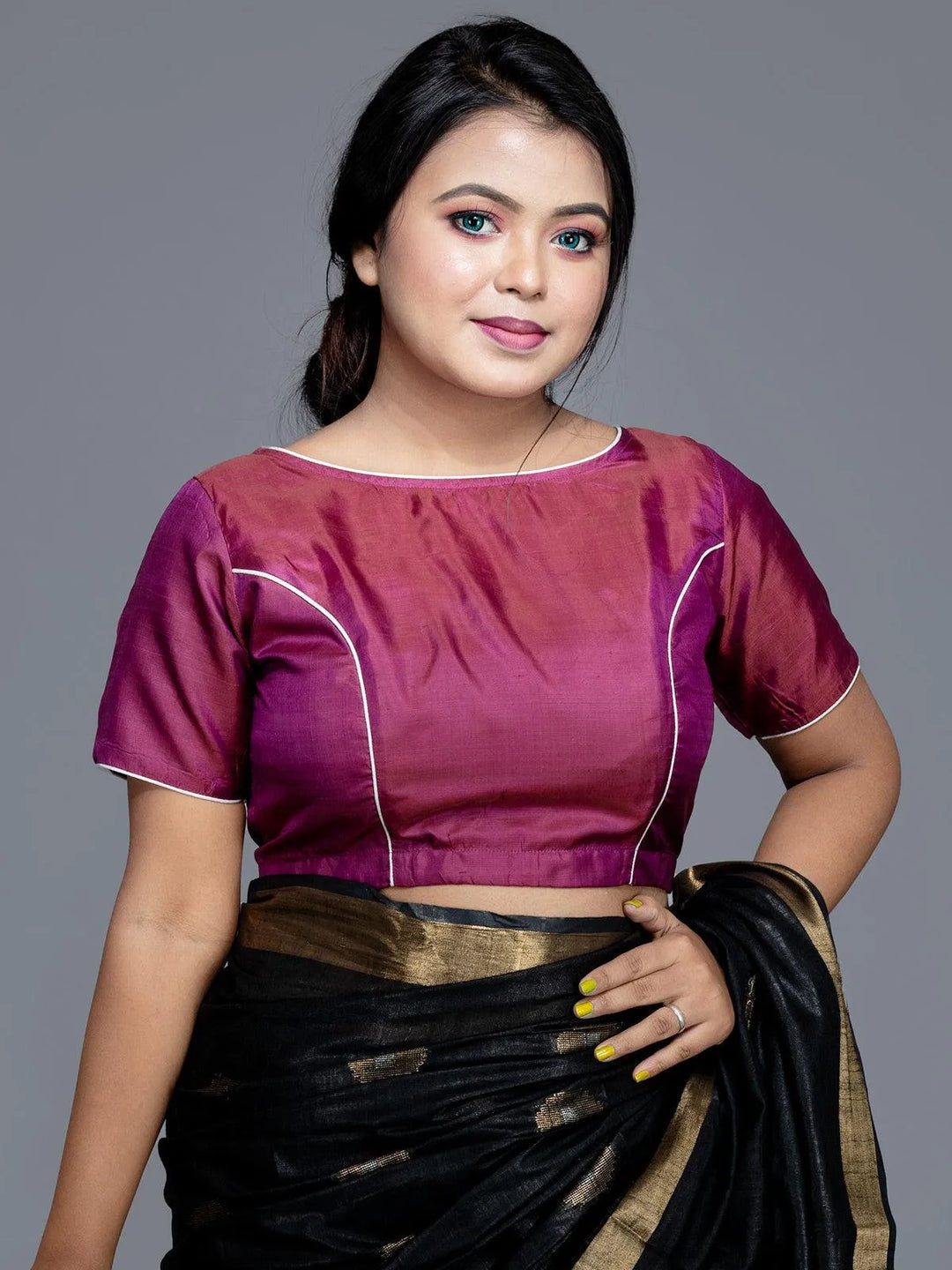 Magenta Boat Neck Bishnupuri Katan Silk Blouse - WeaversIndia