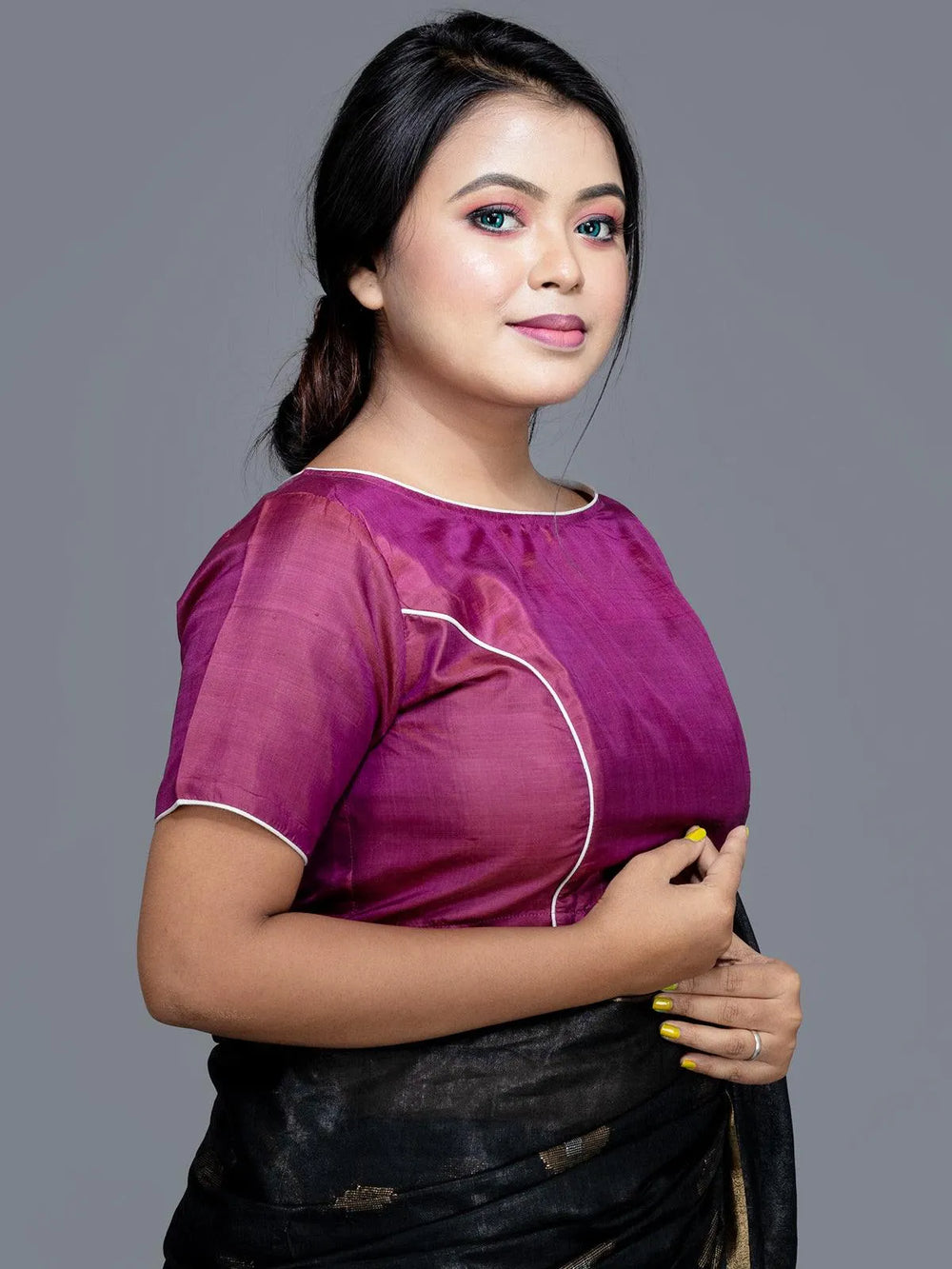 Magenta Boat Neck Bishnupuri Katan Silk Blouse - WeaversIndia