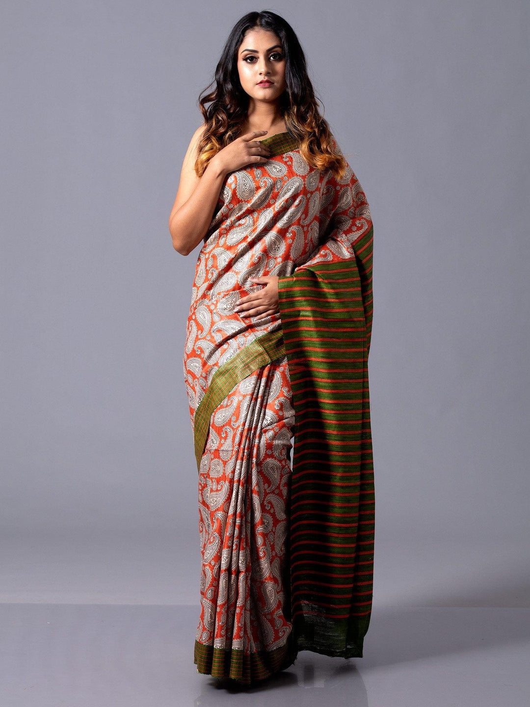 Multi Color Block Printed Ghicha Silk Saree - WeaversIndia