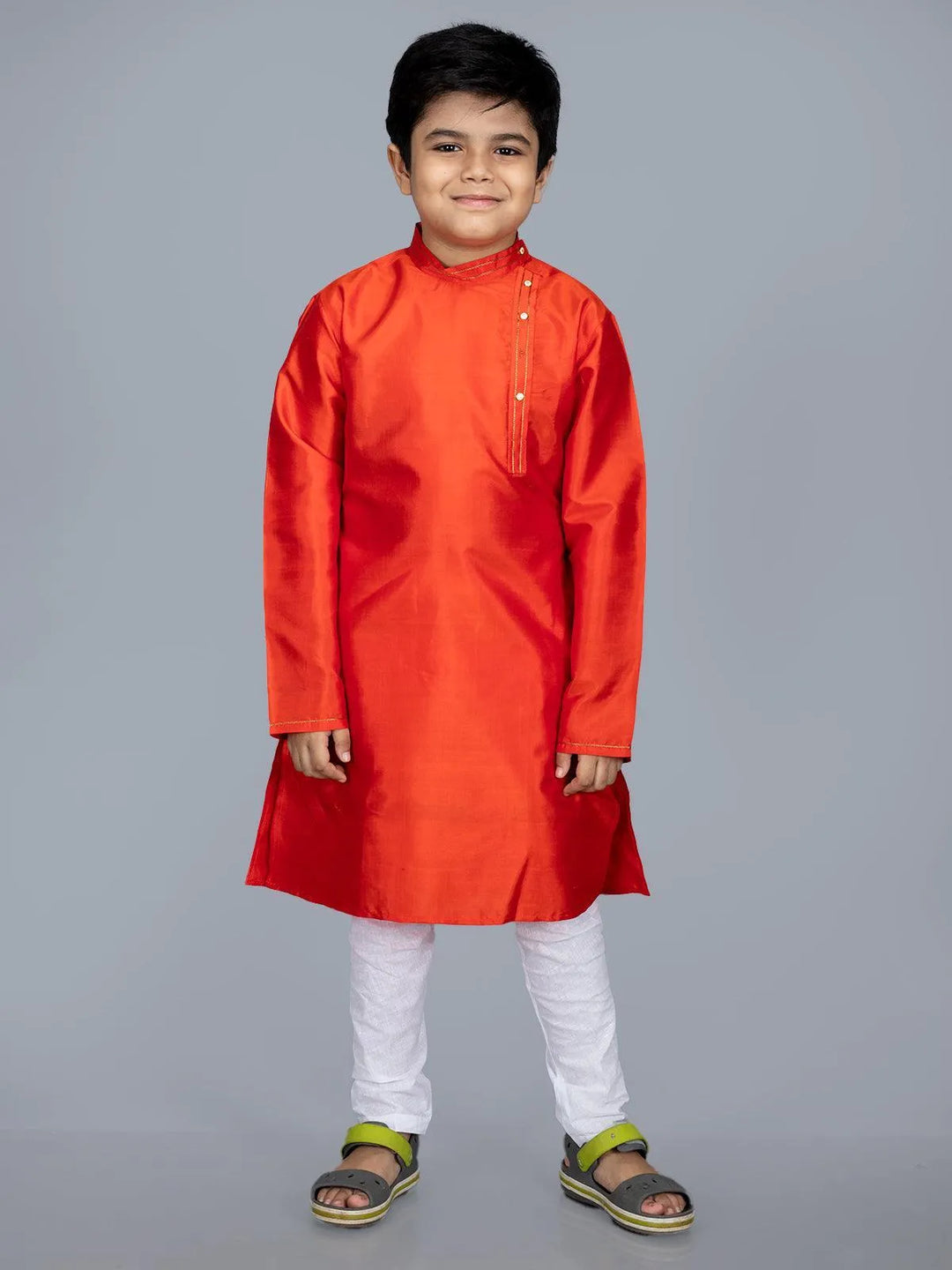 Bishnupuri Katan Silk Orange Boys Long Kurta - WeaversIndia