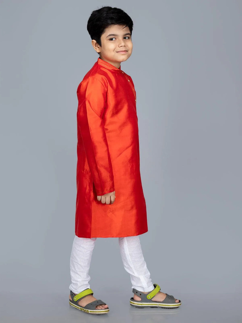 Bishnupuri Katan Silk Orange Boys Long Kurta - WeaversIndia