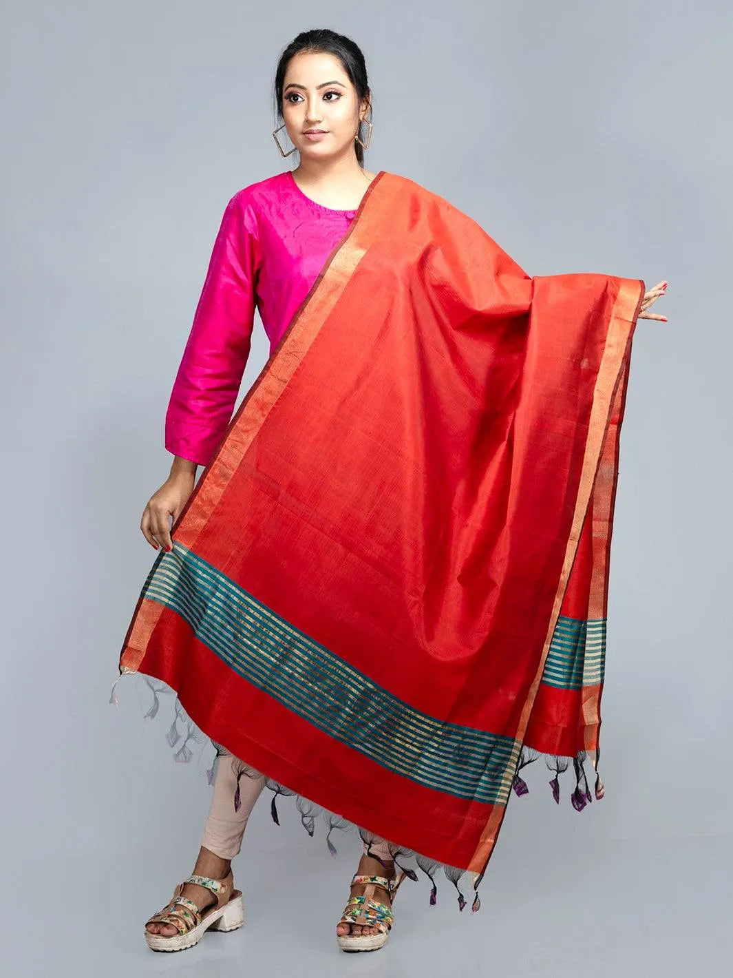 Orange Bishnupuri Silk Dupatta - WeaversIndia