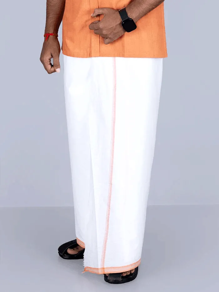 Orange Border White Handwoven Fine Muslin Dhoti 3.65 Meter - WeaversIndia