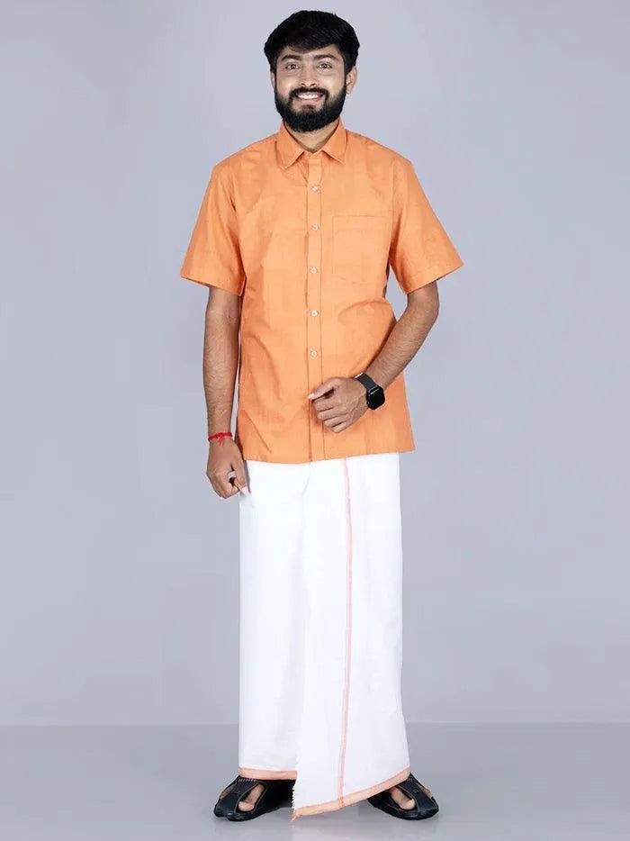 Orange Border White Handwoven Fine Muslin Dhoti 3.65 Meter - WeaversIndia