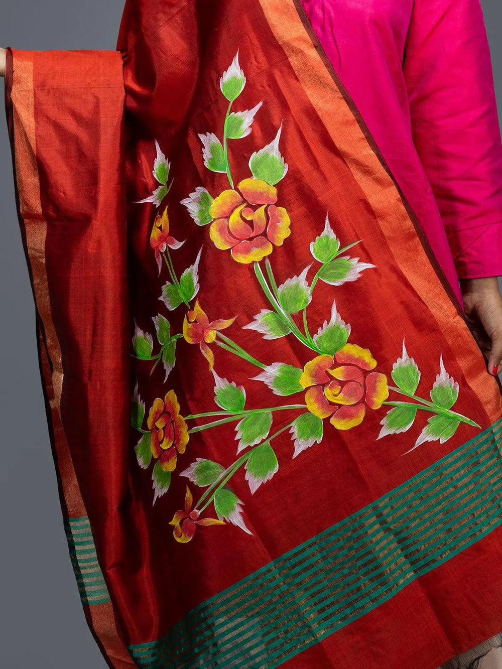 Orange Hand Painted Bishnupuri Katan Silk Dupatta - WeaversIndia