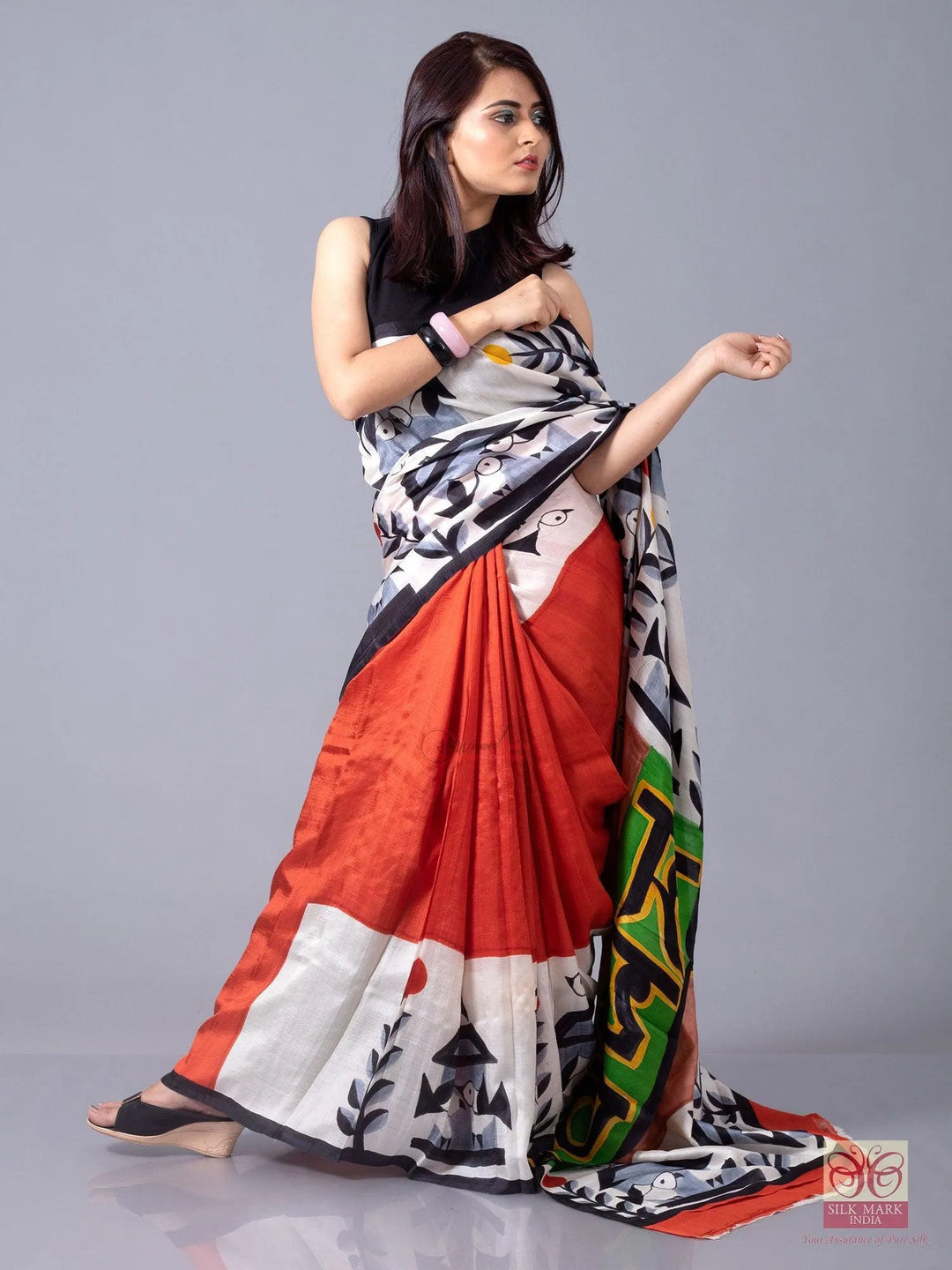 Orange Par Anchal Hand Painted Silk Saree - WeaversIndia