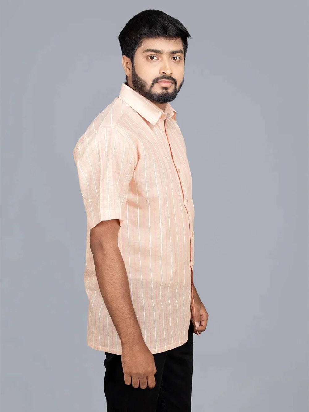 Pink Handwoven Organic Cotton striped Fitted Men Shirt - WeaversIndia
