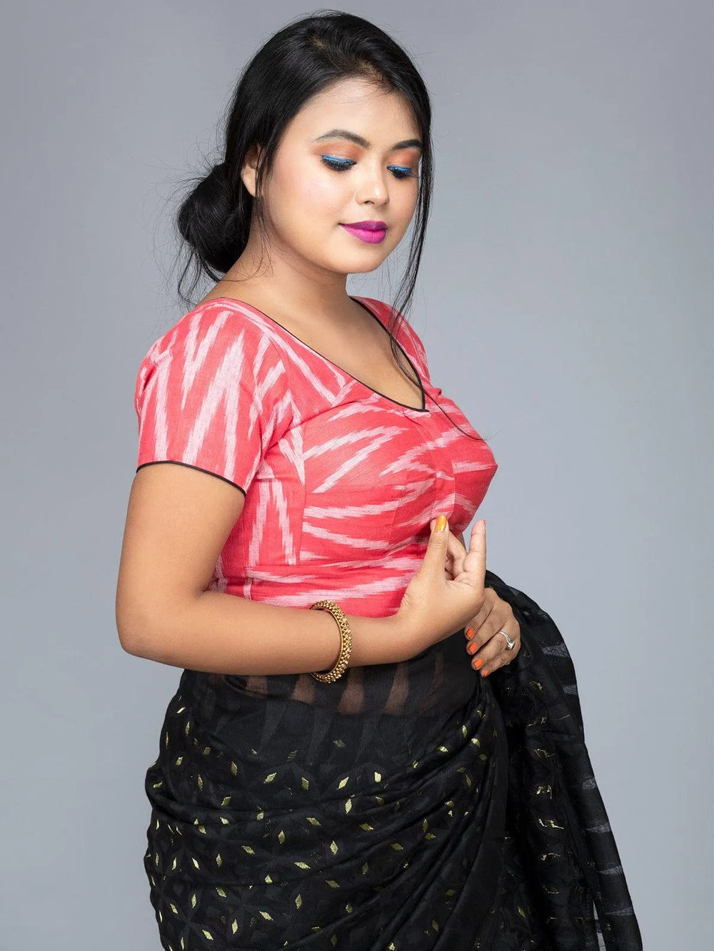 Red Cotton Ikkat Boat Neck Blouse - WeaversIndia