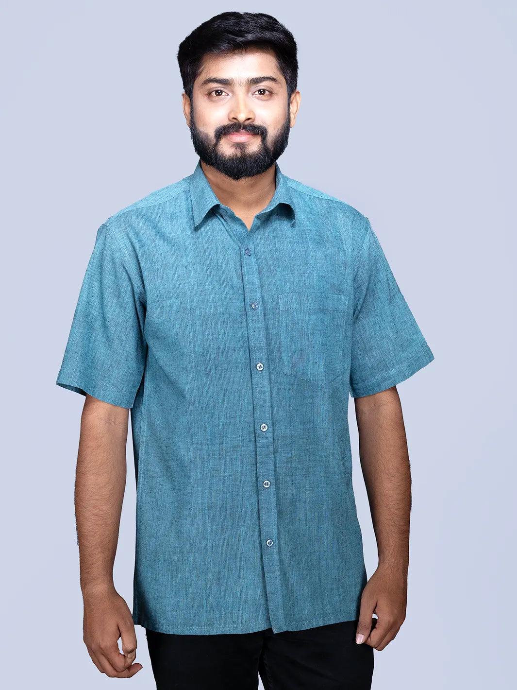 Sky Blue Black Dual Tone Handwoven Organic Cotton Formal Men Shirt - WeaversIndia