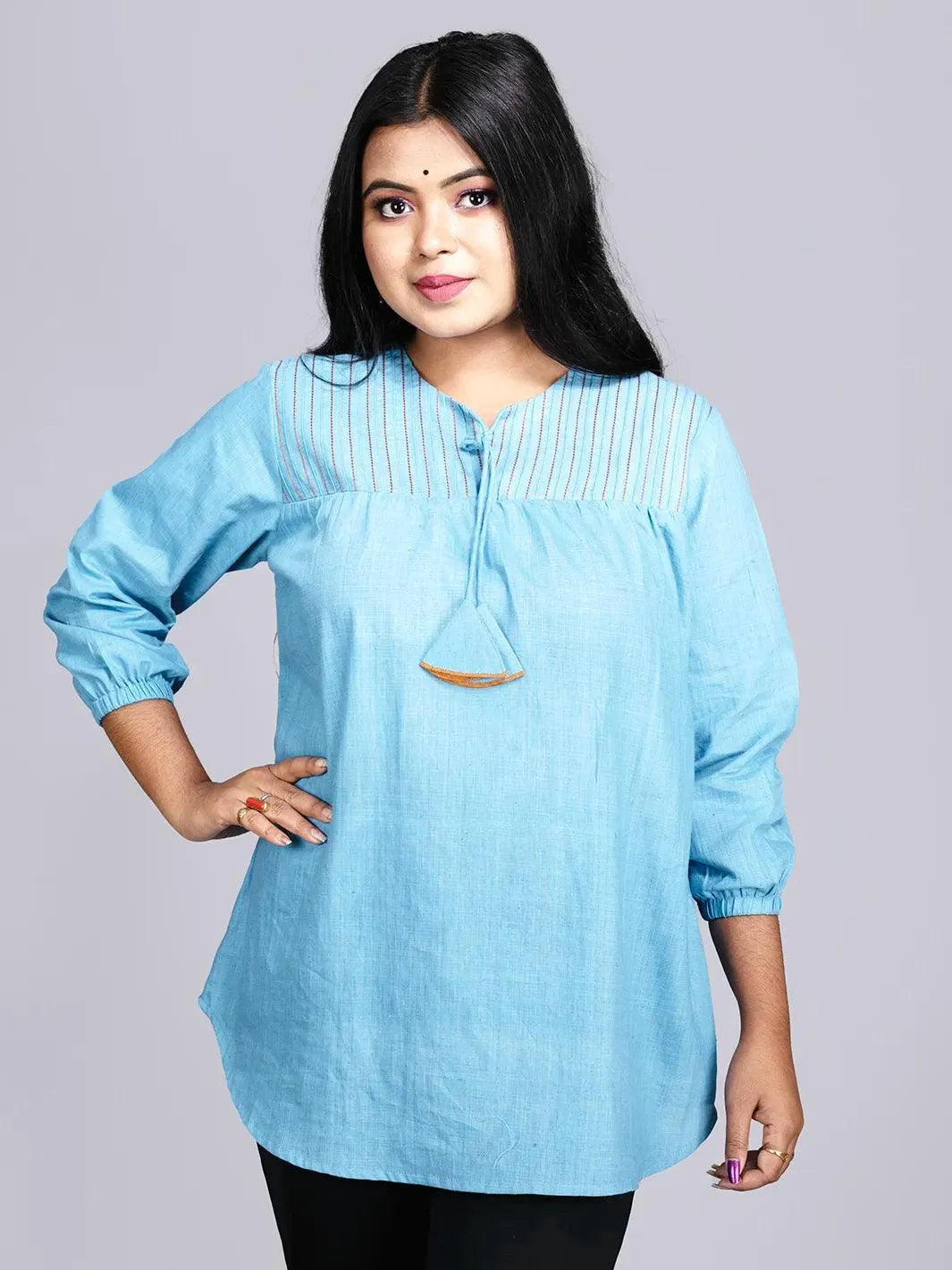Sky Blue Pintucks Handwoven Cotton Top - WeaversIndia