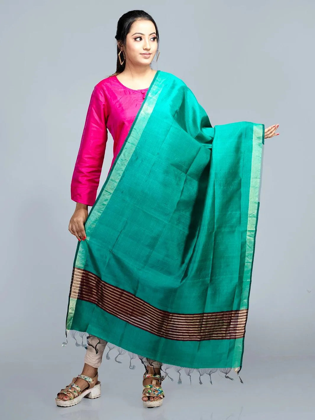 Teal Bishnupuri Silk Dupatta - WeaversIndia