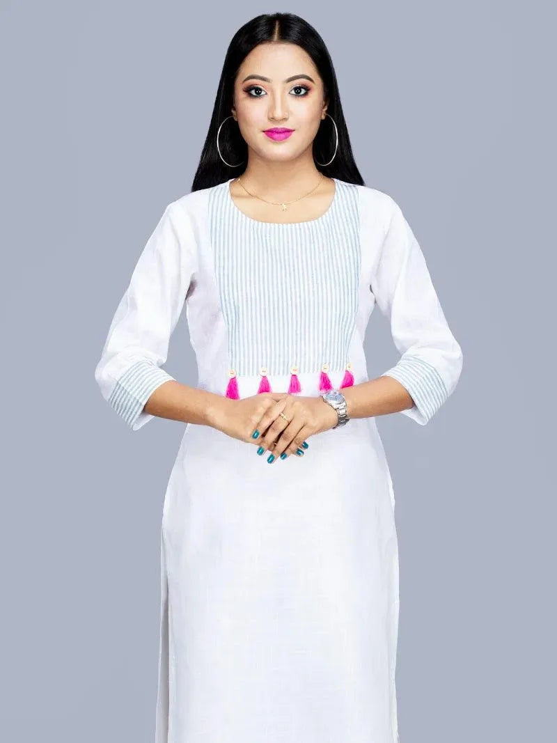 Viscose Cotton Slab White Long Kurta - WeaversIndia