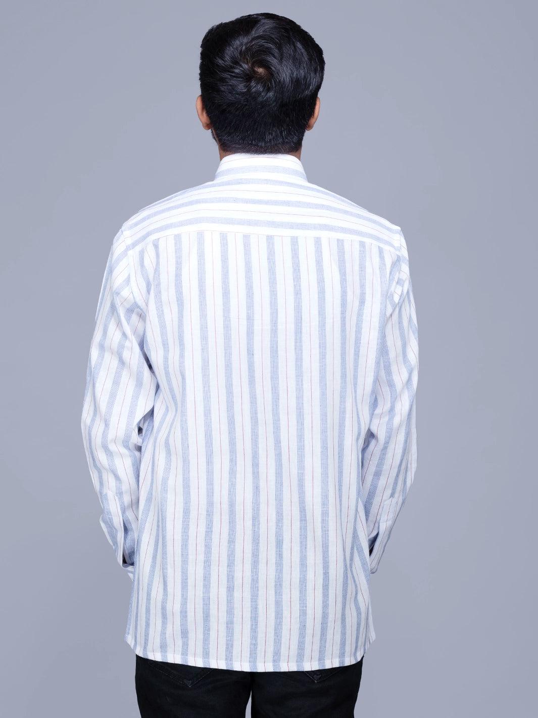 White Blue Striped Handwoven Cotton Men Full Sleeves Shirt - WeaversIndia