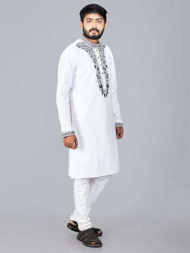 White Handwoven Organic Cotton Embroidered Men Kurta - WeaversIndia