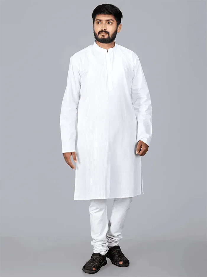 White Handwoven Organic Cotton Pintucks Men kurta - WeaversIndia