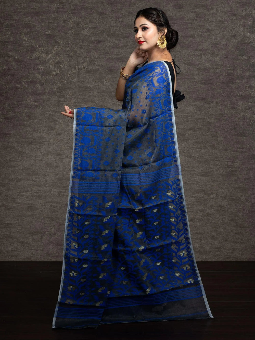 Wonderful Allover Ash Blue Soft Dhakai Jamdani Saree - WeaversIndia