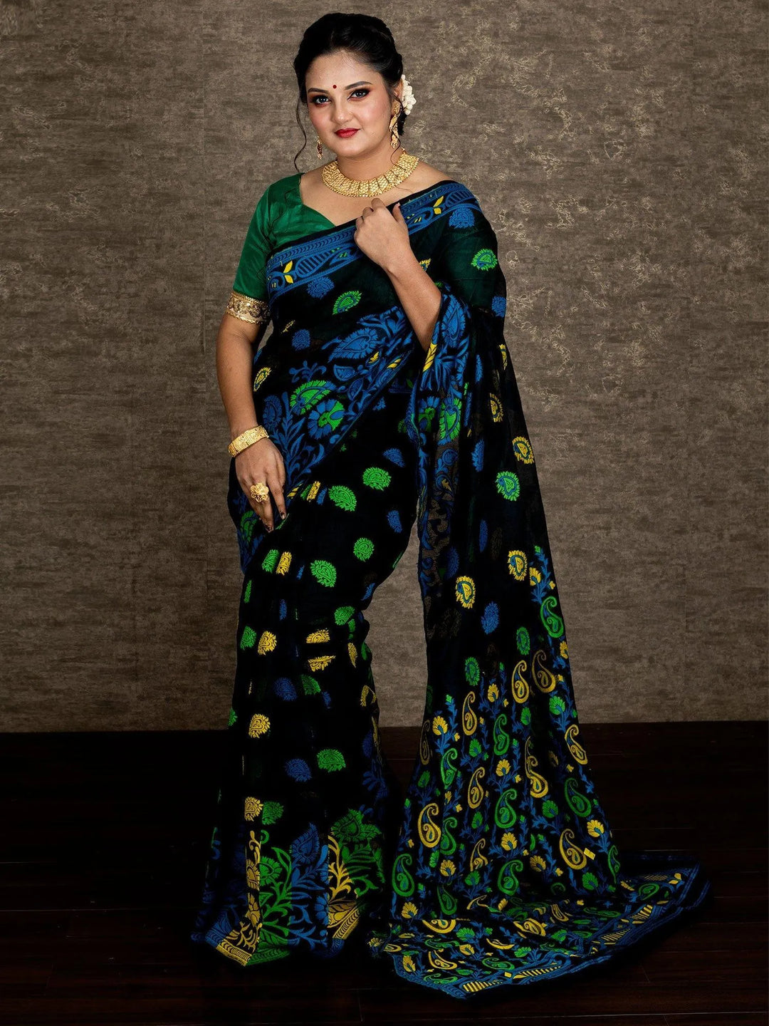 Wonderful Allover Black Soft Dhakai Jamdani Saree - WeaversIndia